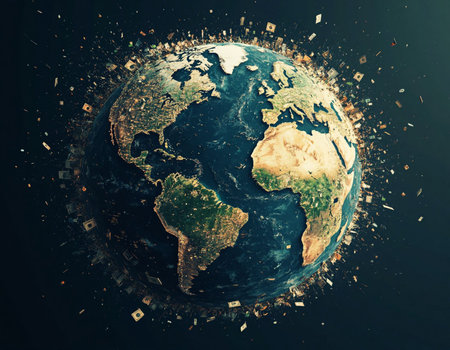Earth from space. 3D illustration with detailed planet surface and visible city lights.
