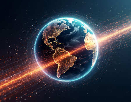 Global network connection over the planet earth. 3D rendering with DOF