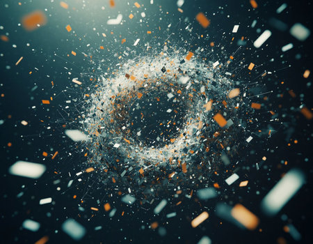 Abstract 3d rendering of chaotic particles. Futuristic background with bokeh defocused lights.
