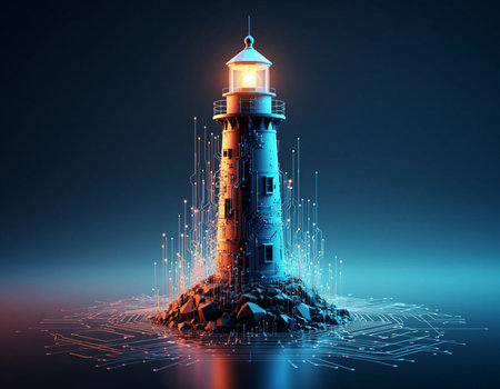 Lighthouse on a dark background. 3d illustration. Technology conceptの写真素材