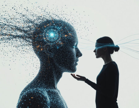 Double exposure of young woman and digital brain. Artificial intelligence concept.の写真素材