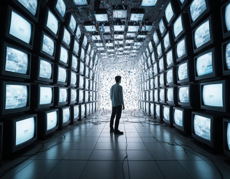 Man looking at a large set of television screens in a dark room