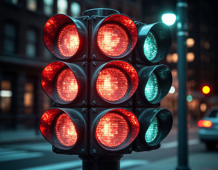 Traffic lights in the city at night. Toned image.