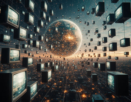 Big data and technology concept. 3d rendering toned image double exposure