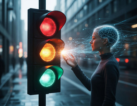 Attractive european businesswoman with glowing brain on traffic light background