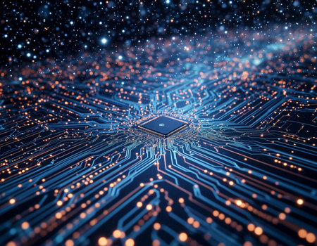 Circuit board with microchips and connections. 3d rendering