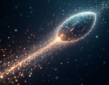 3d rendering of futuristic digital sphere made of particles on dark backgroundの写真素材