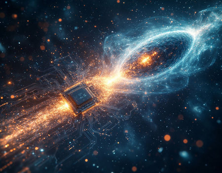 Circuit board in space, computer generated abstract background, 3D rendering