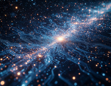 Circuit board with glowing particles. 3d rendering toned image