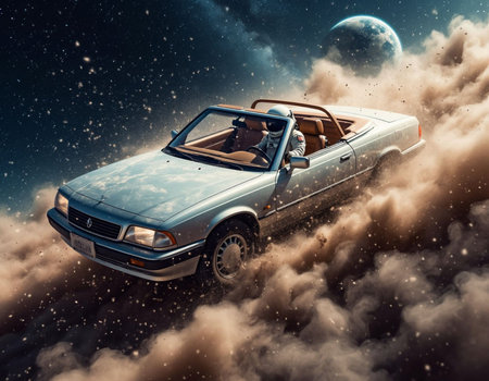 Old classic car in the clouds. 3D illustration. Elements of this image furnished by NASAの写真素材