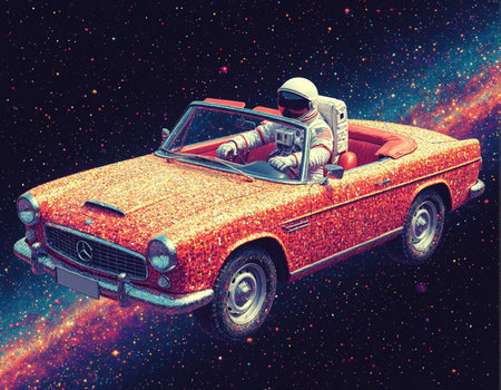 Astronaut in an orange cabriolet on space background.の写真素材