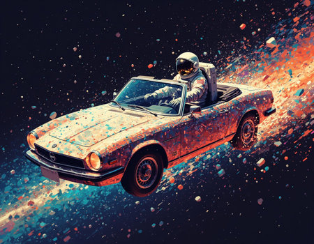 Retro car with astronaut. 3D illustration. Elements of this image furnished by NASAの写真素材