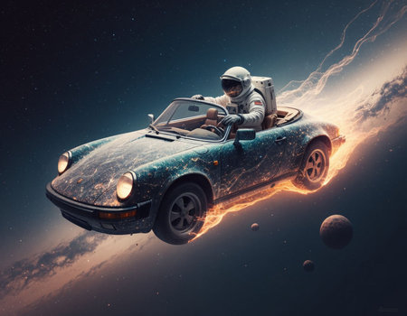 Man driving a cabriolet against the background of the universe.の写真素材