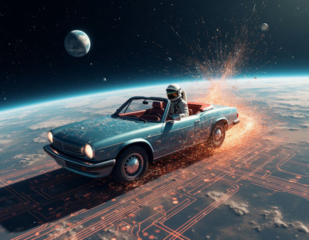 Astronaut driving a car in outer space. 3D renderingの写真素材