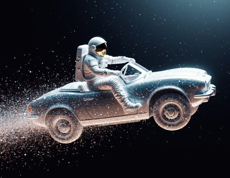 Astronaut driving a car in the dust. 3D renderingの写真素材