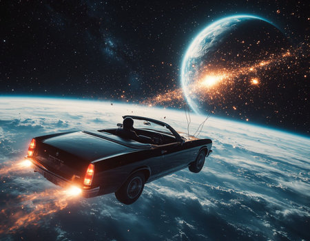 View of a futuristic car flying in space with planets and stars 3d renderingの写真素材