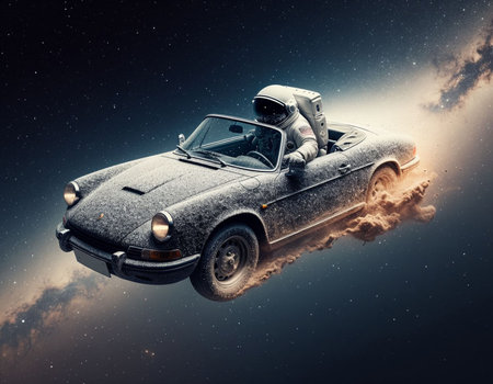 Spaceman driving a cabriolet car in space. Mixed media