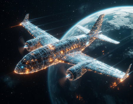 Plane in space. Futuristic aircraft in outer space. 3D rendering