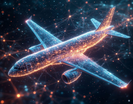 Abstract polygonal airplane on dark blue background. 3D Renderingの写真素材
