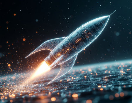 Rocket flying in space. Futuristic technology concept. 3D Rendering