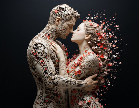 Woman and man with red flowers in their hair on a black background