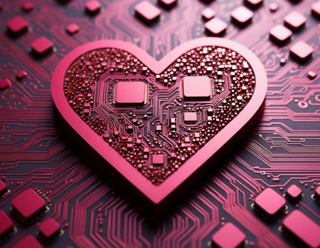 Close-up of a red heart on a computer circuit board.