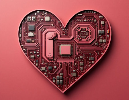 Circuit board in the shape of a heart on a red backgroundの写真素材
