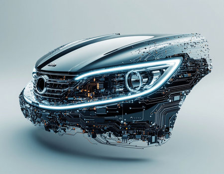 3d rendering of futuristic car headlight on a gray background.