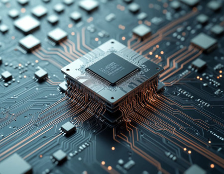 Close-up of electronic circuit board. Technology concept. 3D Rendering