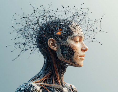 3D rendering of a female robot with abstract network structure on her head