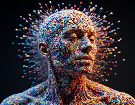 3d rendering of the face of a man made of colorful pixelsの写真素材