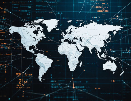 World map and stock market data on dark background. Global business concept