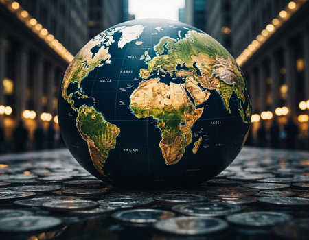 Globe and coins in the city. Global business and finance concept.の写真素材