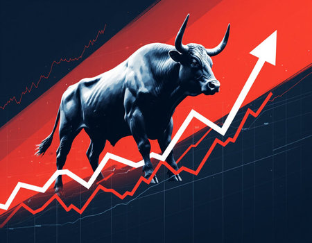 bull and stock market graph on red background, financial and investment conceptの写真素材