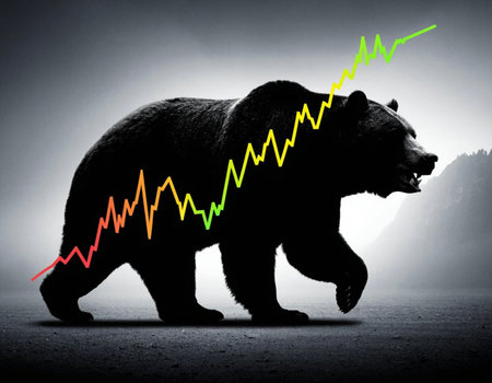Bear with financial graph on dark background. Business and finance concept.の写真素材