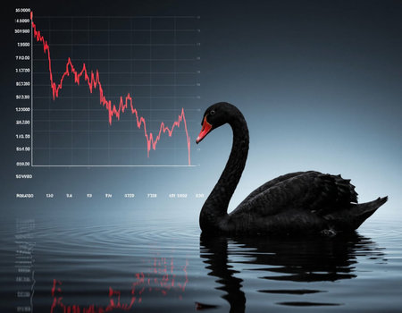 Black swan in the water with stock market chart on the backgroundの写真素材