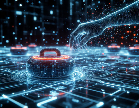 3D rendering artificial intelligence robot hand with padlock on blue backgroundの写真素材