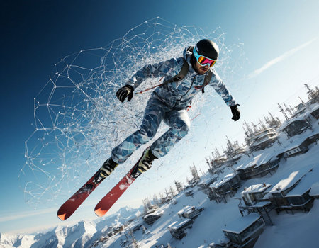 Flying snowboarder against blue sky with clouds 3d rendering.