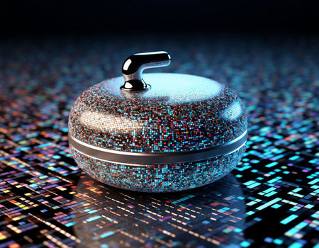 3d illustration of a golden weight on a dark background with binary codeの写真素材