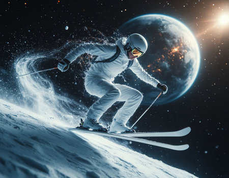 Young woman skier against the backdrop of the planet Earth.の写真素材