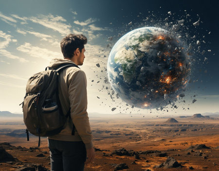Young man traveler with backpack looking at Earth planet. Elements of this image are furnished by...