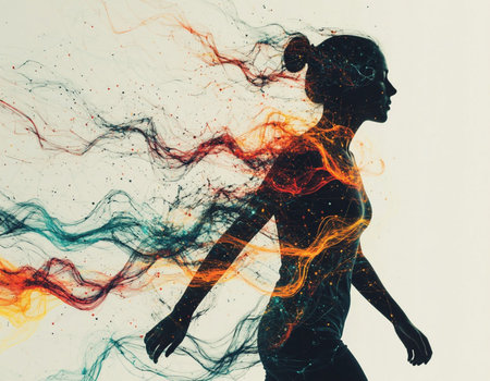 Double exposure of woman silhouette and colorful abstract lines on white background.