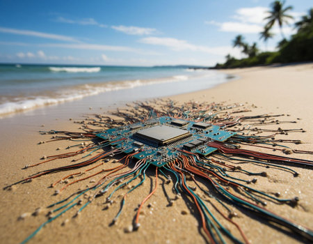 Circuit board on the beach with blue sky and sea background.