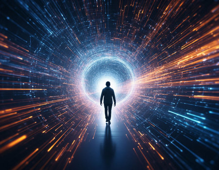 Back view of a man walking in a tunnel with glowing lines. 3D Rendering