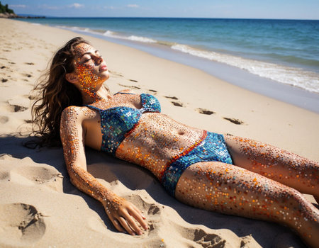 Beautiful young woman in bikini lying on the sand on the beachの写真素材