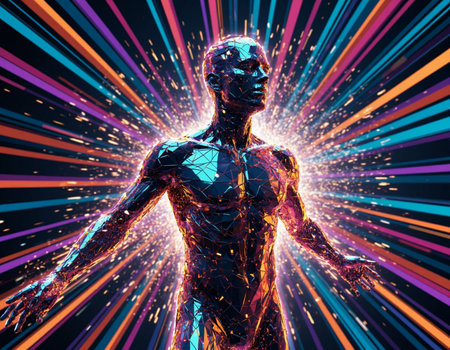 3D rendering of a female robot with colorful rays in the backgroundの写真素材