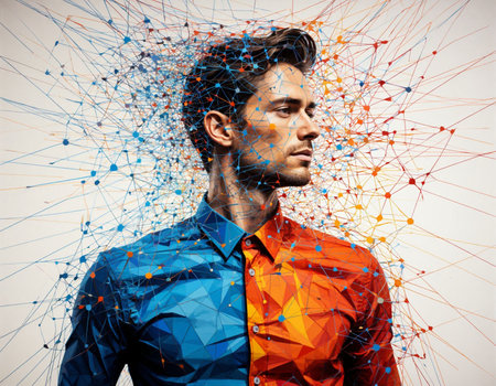 Portrait of a handsome young man in a blue shirt with abstract polygonal network on the backgroundの写真素材