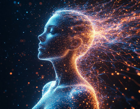 3D rendering of a female head with glowing particles in her head