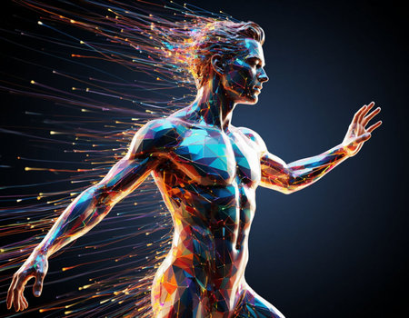 3D rendering of a female figure made of polygonal particlesの写真素材