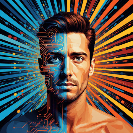 Digital composite of Portrait of man with circuit board and blue backgroundの写真素材